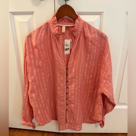 Anthropologie Pilcro The Tavi Ruffled Neck Blouse Pink Silver Button Up NWT - Picture 1 of 12